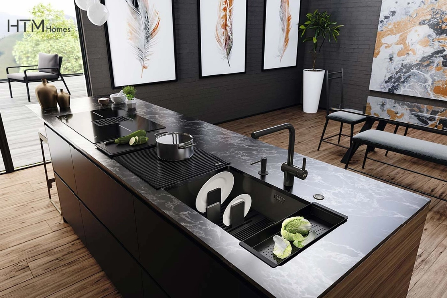 Bếp từ hút mùi cho đảo bếp giữ không gian nấu nướng sạch sẽ và sang trọng.