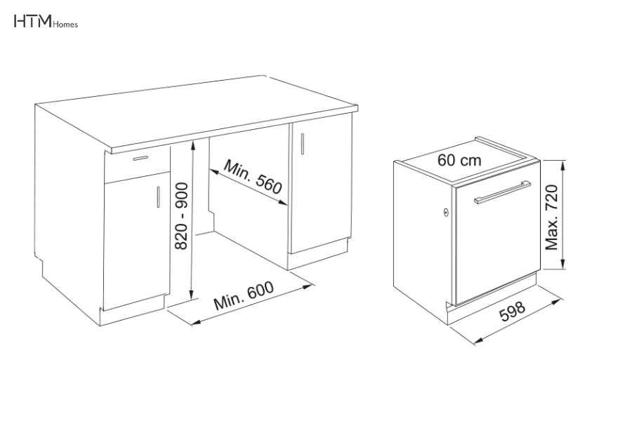 Khoang tủ cần đủ rộng, đủ sâu và chừa khoảng lùi phía sau để máy rửa chén thoát nhiệt khi lắp đặt.