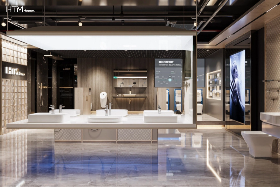 Không gian trưng bày thiết bị vệ sinh cao cấp chuẩn châu Âu tại showroom quy tụ các thương hiệu Kludi, Hansgrohe, Axor và Geberit.