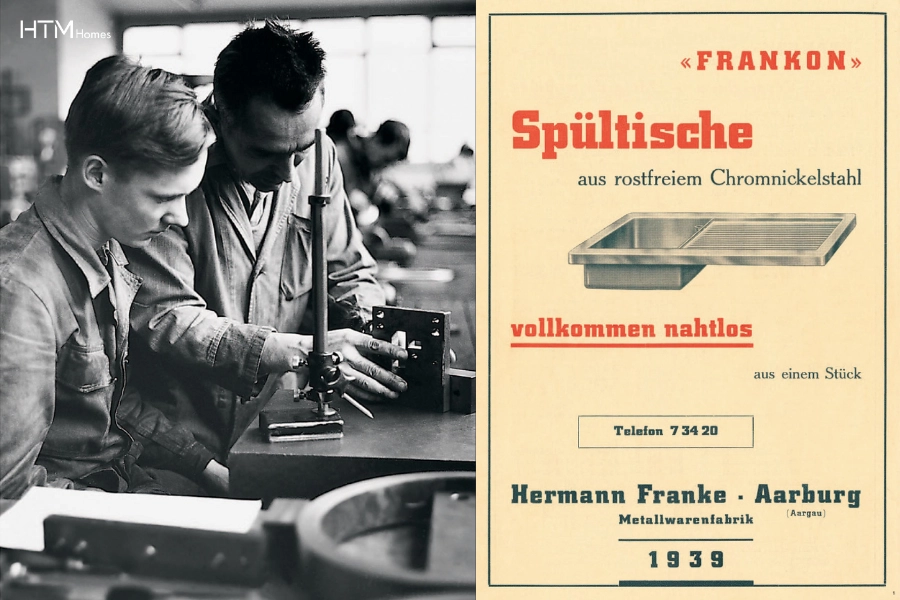 Xưởng Franke Aarburg và poster 1939 - dấu mốc chậu rửa thép không gỉ ra đời.