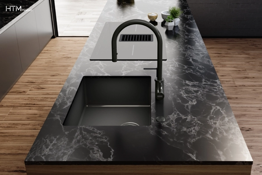 Chậu rửa bát 1 hố cao cấp lắp đặt âm bàn đá tạo bề mặt liền mạch, sang trọng